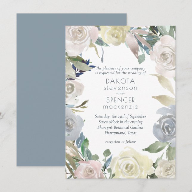 Invitación Wreath floral silenciada | Boda amarillo rosa azul (Anverso / Reverso)
