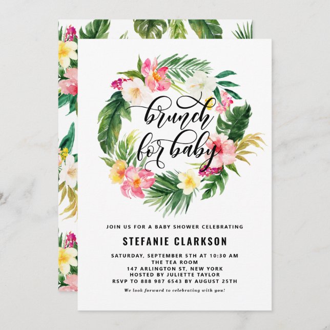 Invitación Wreath floral tropical Baby Shower Brunch (Anverso / Reverso)