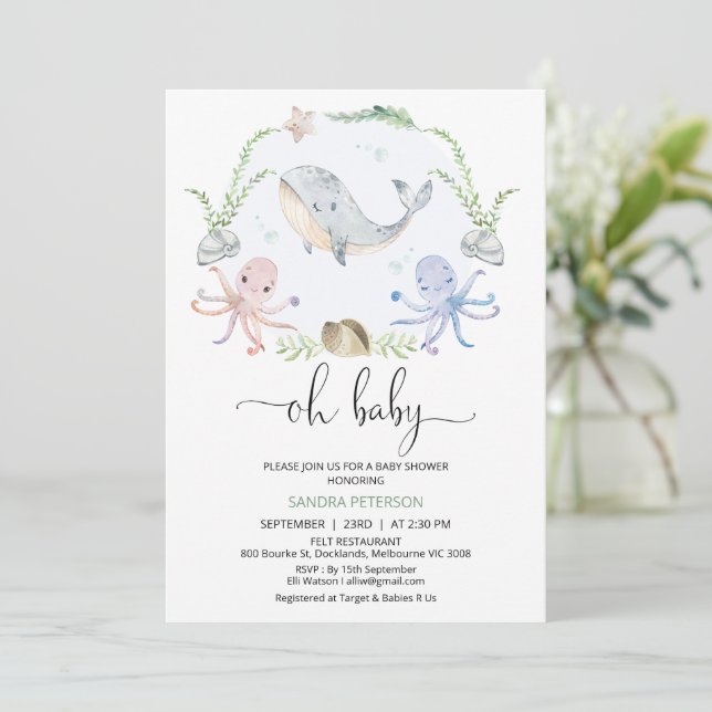 Invitación Wreath Gray Whale Oh Baby Under Sea Baby Shower (Anverso de pie)