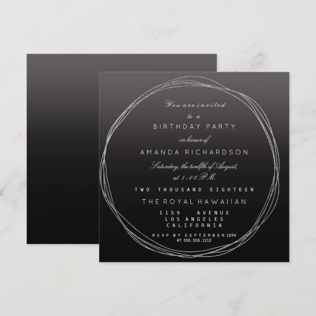 Invitación Wreath gris plateado Nacimiento Ombre negro (Anverso / Reverso)
