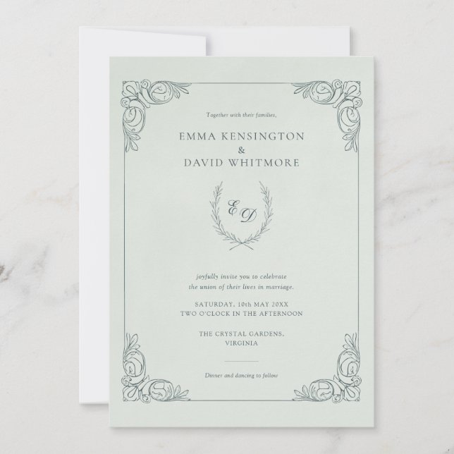 Invitación Wreath I Mint Boda de Laurel de marco barroco (Anverso)