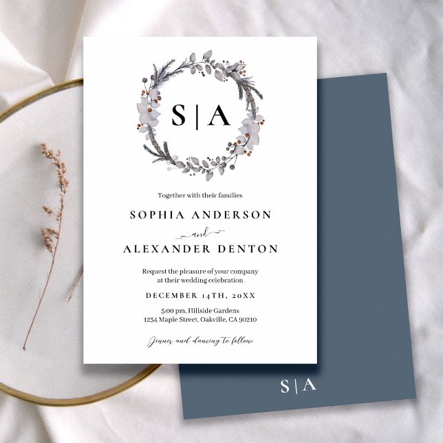 Invitación Wreath minimalista y azul de invierno (Subido por el creador)