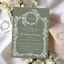Invitación Wreath Monogram Sage Green Classic Frame Boda