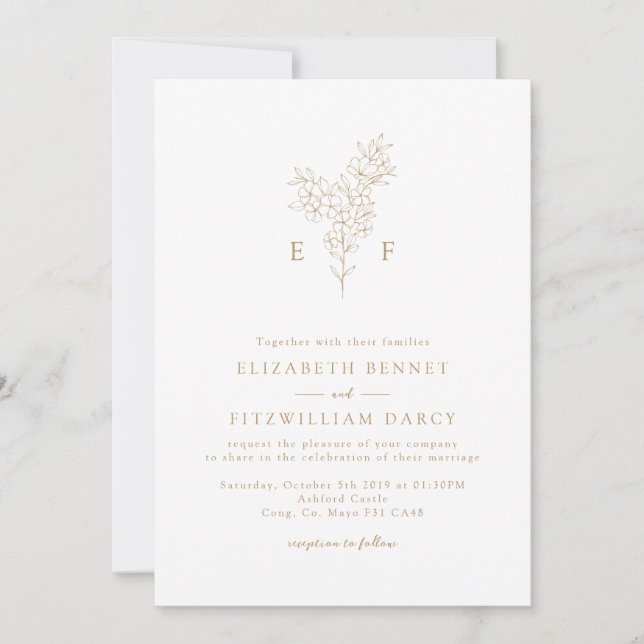 Invitación Wreath monograma de cerezo mínimo simple de oro (Anverso)