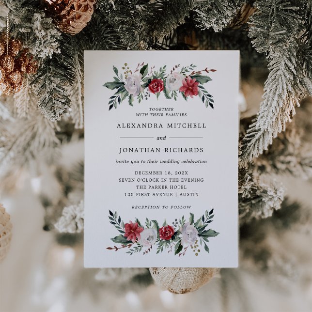 Invitación Wreath navidades | Boda de vacaciones florales (A classic, stylish invitation for your Christmas holiday wedding)