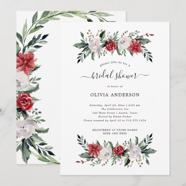 Invitación Wreath navidades | Ducha nupcial de vacaciones flo (Anverso / Reverso)