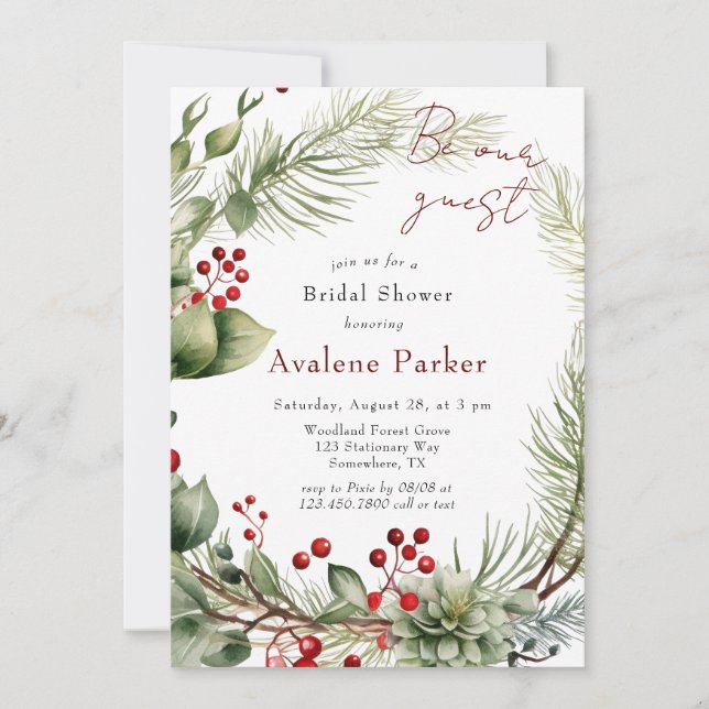 Invitación Wreath Pine Wreath Red Berries Sea Nuestra Ducha D (Anverso)