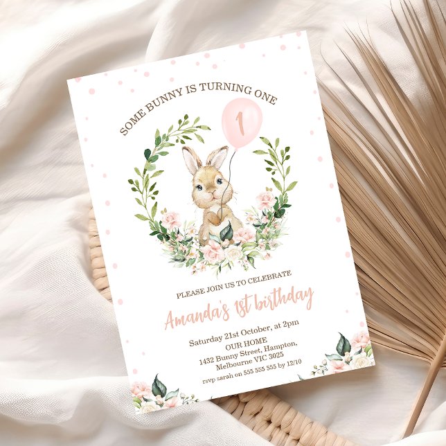 Invitación Wreath Pink Floral Algunos conejitos 1er cumpleaño (Some Bunny is One Invitation Template Printable, Some Bunny is turning 1 Invitation Template
)