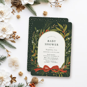 Invitación Wreath Red Bow Green Baby Shower