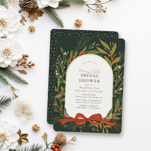 Invitación Wreath Red Bow Green Merry Pequeña Ducha Británica