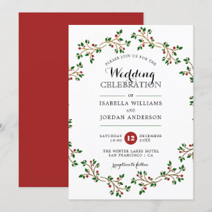Invitación Wreath rojo, verde y dorado  Boda elegante