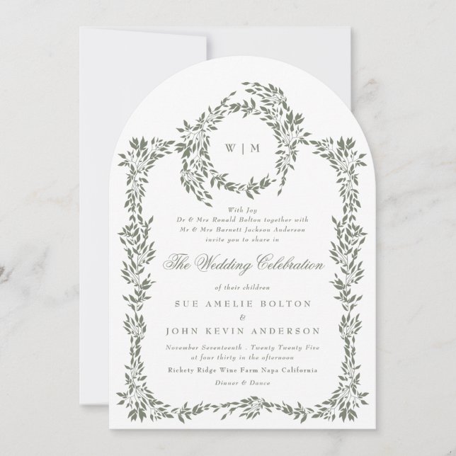 Invitación Wreath Sage Green Elegante Marco Boda Arco (Anverso)