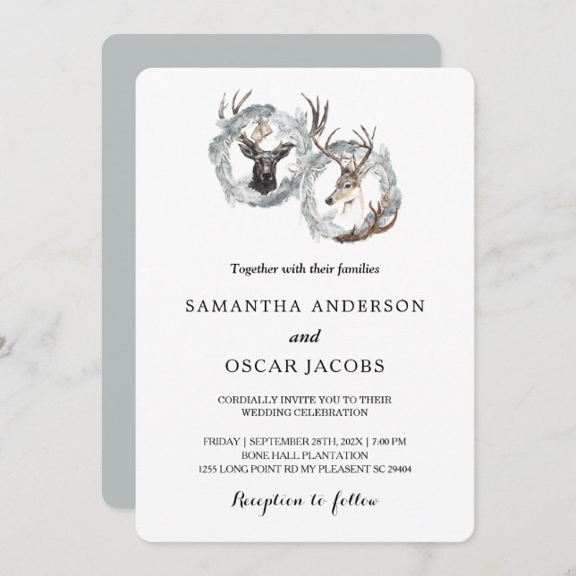 Invitación Wreath Silver color agua de invierno (Anverso / Reverso)