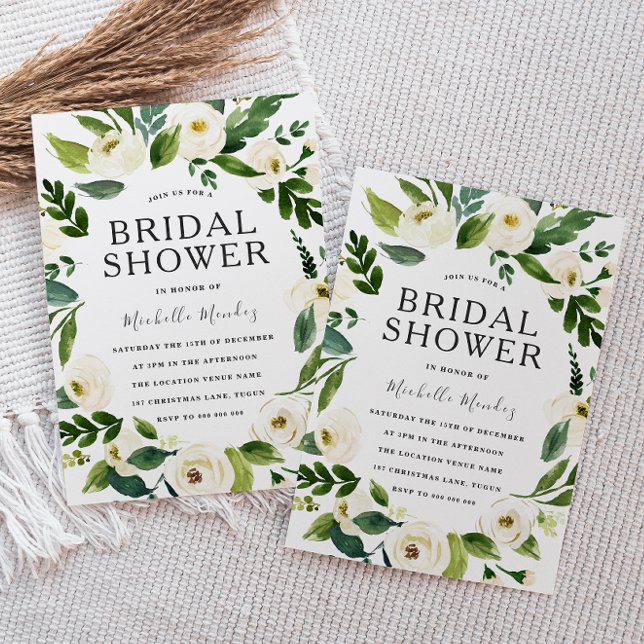 Invitación Wreath verde floral blanca moderna ducha de novia (Subido por el creador)