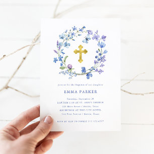 Invitación Wreath y cruz de boho azul y púrpura   Bautismo