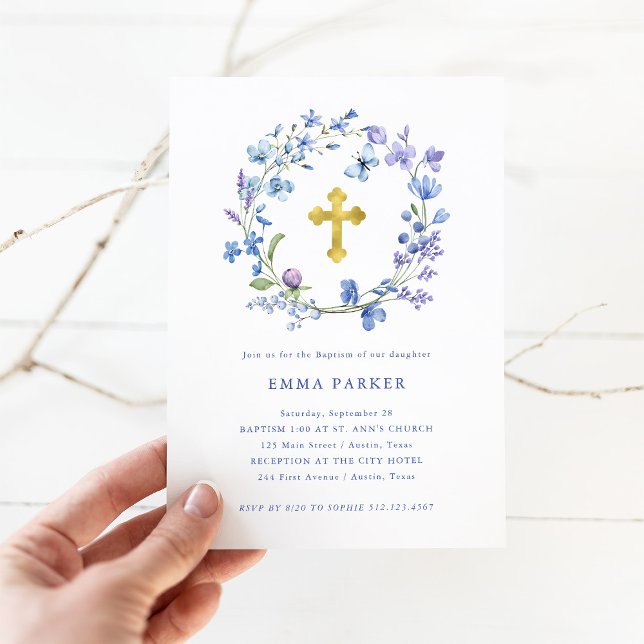 Invitación Wreath y cruz de boho azul y púrpura | Bautismo (Subido por el creador)