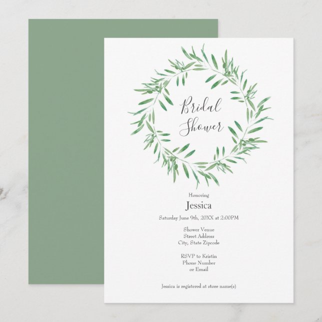 Invitación Wreth de color de agua verde oliva (Anverso / Reverso)