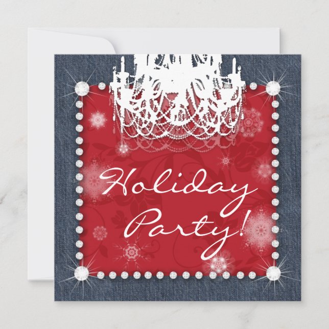 Invitación Xmas Denim Diamonds Boda Candelier Floral Red (Anverso)