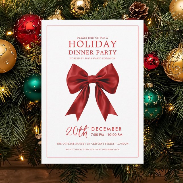 Invitación Xmas Holiday Dinner Party Red Satin Bow  (Xmas Holiday Dinner Party Red Satin Bow Invitation)