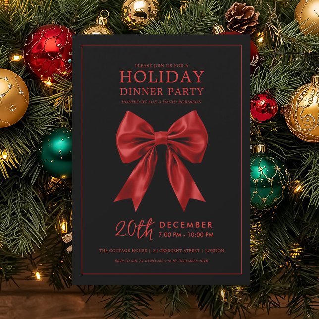 Invitación Xmas Holiday Dinner Party Red Satin Bow Black  (Xmas Holiday Dinner Party Red Satin Bow Black Invitation)