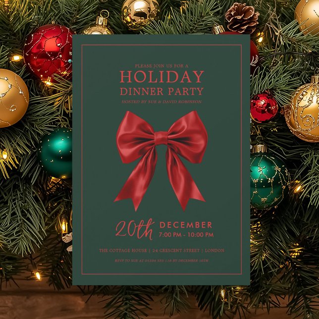Invitación Xmas Holiday Dinner Party Red Satin Bow Green  (Xmas Holiday Dinner Party Red Satin Bow Green Invitation)