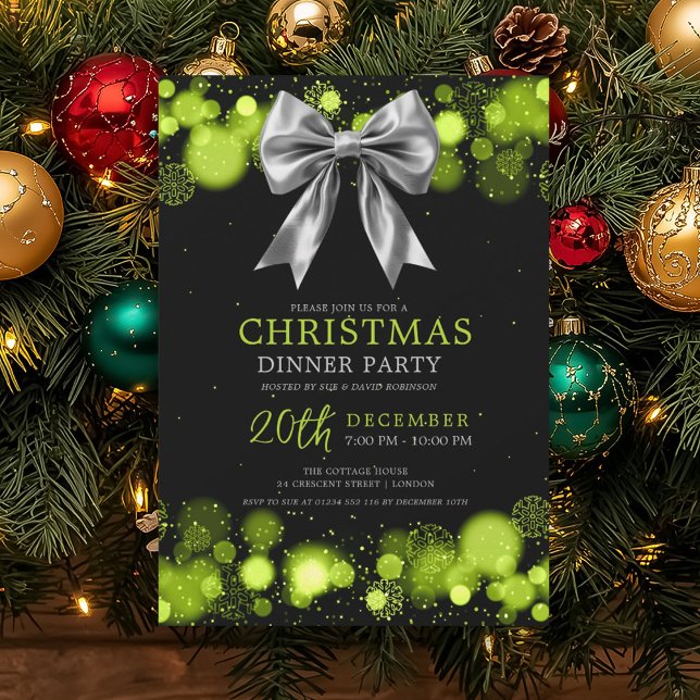 Invitación Xmas Holiday Dinner Party Winter Silver Bow Green  (Xmas Holiday Dinner Party Winter Silver Bow Green Invitation)