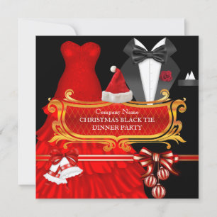 Invitación Xmas Red Black Tie Dinner Fiesta Corporate