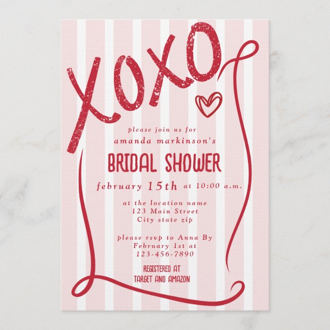 Invitación XOXO Hand Drawn Pink Bridal Shower Party (Anverso)