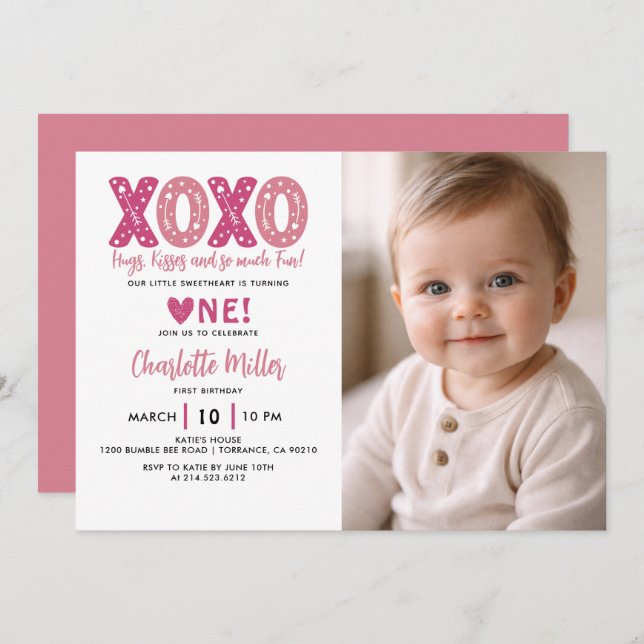 Invitación  XOXO Hugs & Kisses Valentine's Day 1st Birthday (Anverso / Reverso)