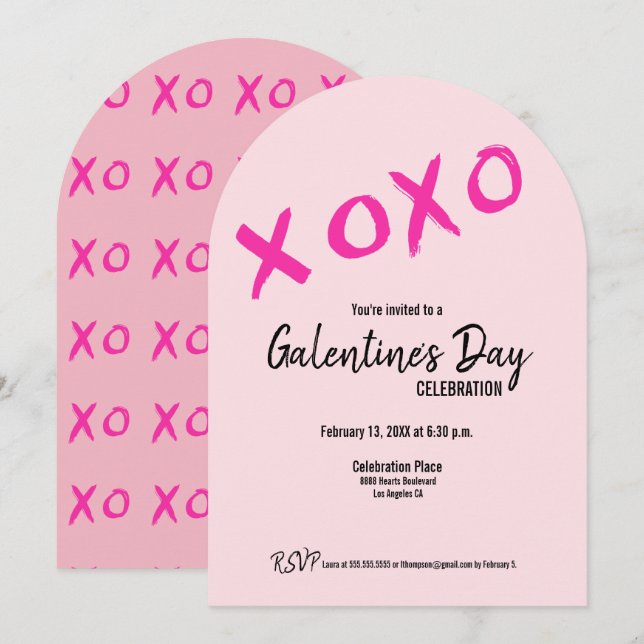 Invitación XOXO rosado cute Fiesta del día de Galentine (Anverso / Reverso)
