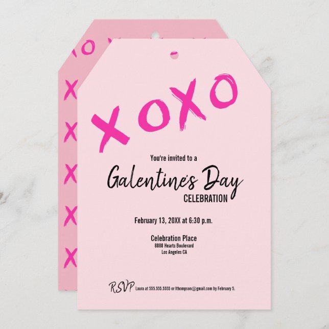 Invitación XOXO rosado cute Fiesta del día de Galentine (Anverso / Reverso)