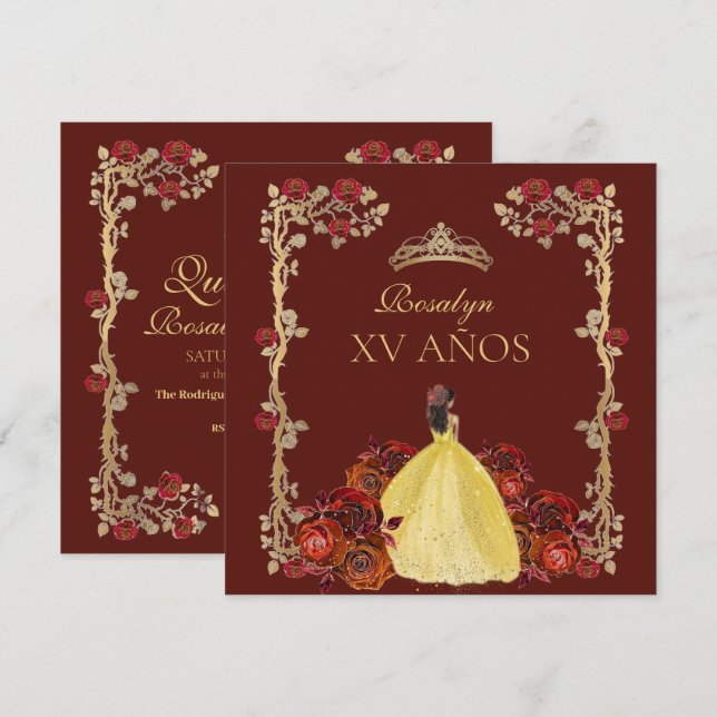 Invitación xv AÑOS Gold and Burgundy Red Rose Quinceañera (Anverso / Reverso)