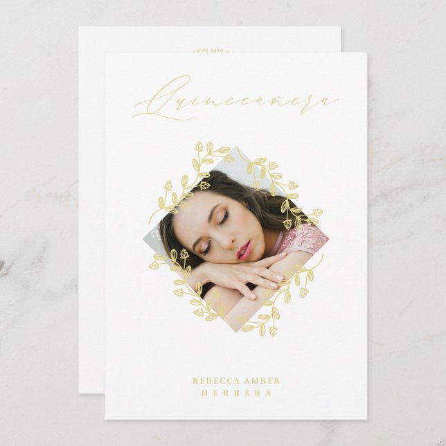 Invitación XV Años Gold Diamond Wildflower Foto blanca (Anverso / Reverso)