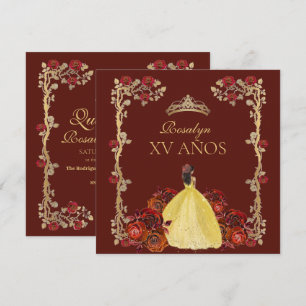 Invitación xv AÑOS Rosa Roja Burgundy y Dorada Quinceañera
