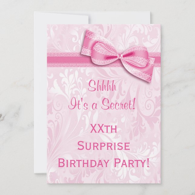 Invitación XX.ª SORPRESA Fiesta de Cumpleaños Damasco Rosa y  (Anverso)