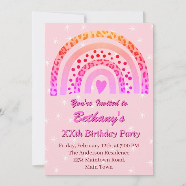 Invitación XX.º cumpleaños del arcoiris rosado del leopardo i (Anverso)