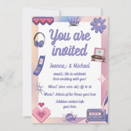 Invitación Y2K Pink Purple 2000 Retro Tech Geek Love Boda