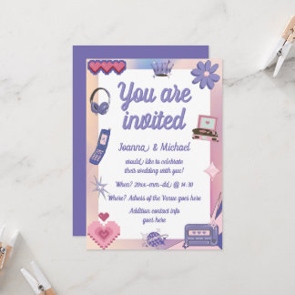 Invitación Y2K Pink Purple 2000 Retro Tech Geek Love Boda