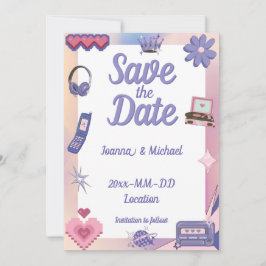 Invitación Y2K Pink Purple 2000 Retro Tech Geek Love Boda