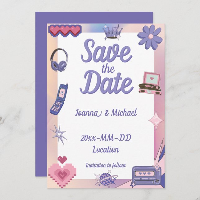 Invitación Y2K Pink Purple 2000 Retro Tech Geek Love Boda (Anverso / Reverso)