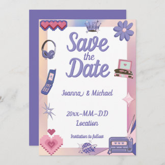 Invitación Y2K Pink Purple 2000 Retro Tech Geek Love Boda