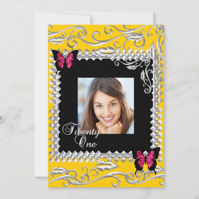 Invitación Y 21 Fiesta de cumpleaños mariposas negras rosadas (Anverso)