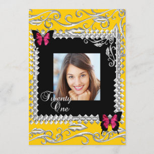 Invitación Y 21 Fiesta de cumpleaños mariposas negras rosadas