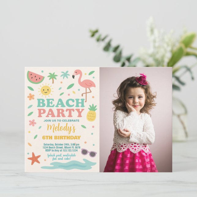 Invitación y decoración de cumpleaños de playa tro (Anverso de pie)