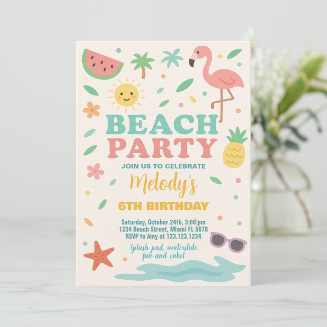 Invitación y decoración de cumpleaños de playa tro (Anverso de pie)