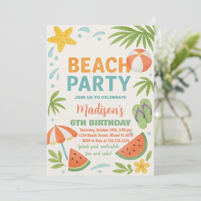 Invitación y decoración de cumpleaños en la playa  (Anverso de pie)