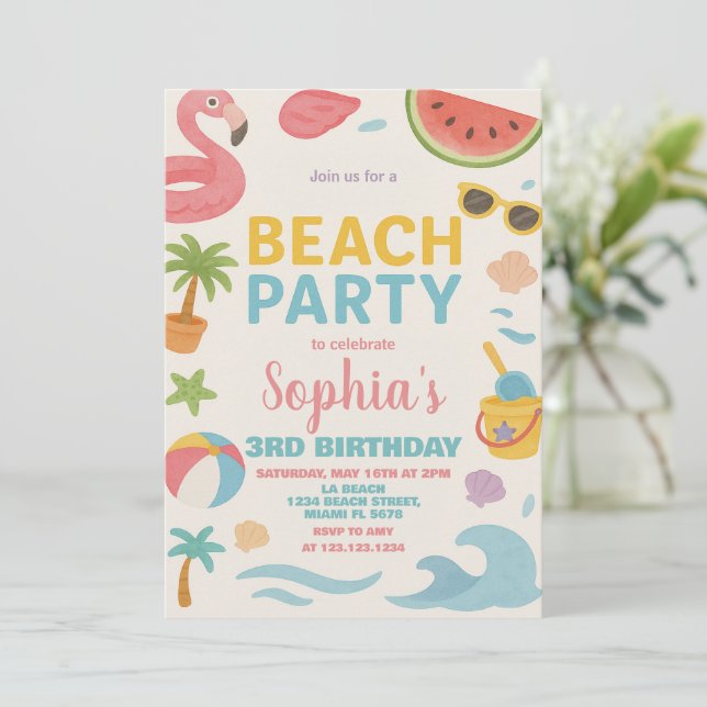 Invitación y decoración de cumpleaños en la playa  (Anverso de pie)