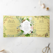 Invitación y detalles de la boda floral y de folla
