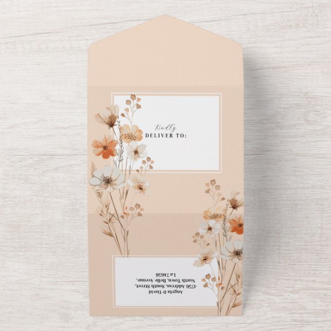 Invitación y RSVP de Boho Boda Peach Florals (Afuera)