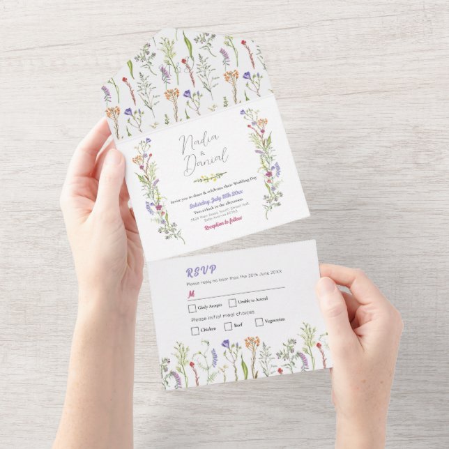 Invitación y RSVP de flor silvestre boda (desgarro)